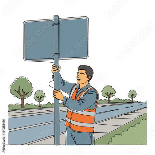 Hispanic installer attaching traffic sign with muted colors on roadside. Attaching traffic sign by Hispanic road worker in safety vest is essential for road safety.