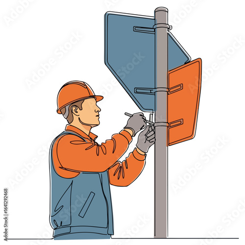 Line art illustration: traffic sign installer attaching road signage with industrial colors on white backdrop. Traffic sign installer securing metal plates wearing safety helmet and uniform.