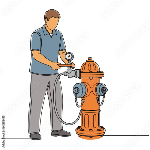 Hydrant flow tester being used by worker performing continuous line drawing, showing urban scene.