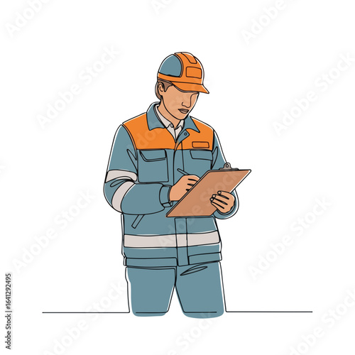 Meter reader in uniform holding clipboard while taking notes, showcasing attention to detail. Meter reader performs task with precision, his clipboard essential for documentation.