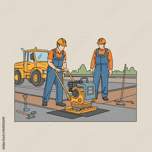Road patching crew repairs road surface with equipment, asphalt, and tractor. Road patching crew smoothing patch and filling potholes for infrastructure upkeep on site.