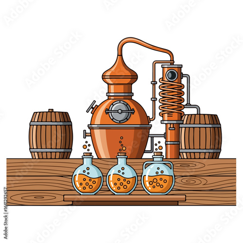 Rustic distillation scene with copper still and wooden barrels capturing old traditions, perfect for a historical illustration. Traditional distillation setup includes handcrafted wooden barrels,