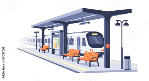 A modern train is stopped at a platform, with benches and a shelter overhead.