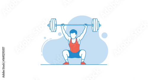 Illustration of a man lifting a barbell overhead in a squat position, wearing a tank top and shoes, with a light blue background.