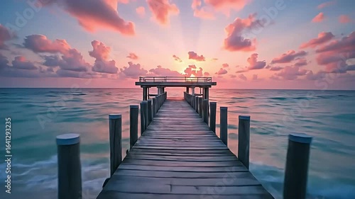 Summer sunset illuminates a wooden pier stretching across the calm ocean, reflecting the colorful sky and clouds