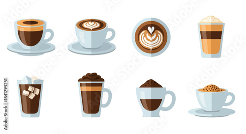 A collection of diverse coffee drinks, showcasing various preparations and styles in a flat design illustration.