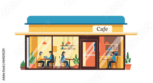A colorful illustration of a cafe exterior with people working and enjoying themselves inside.