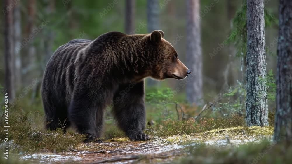 Brown bear walking through a forest in natural habitat Brown bear walking through a forest in natural habitat