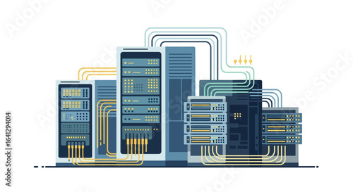Illustration of a data center featuring server racks, cables, and network connections.