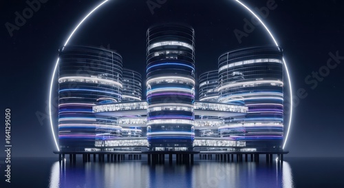 Futuristic Neon-Lit Towers on Stilts Framed by a Luminous Ring