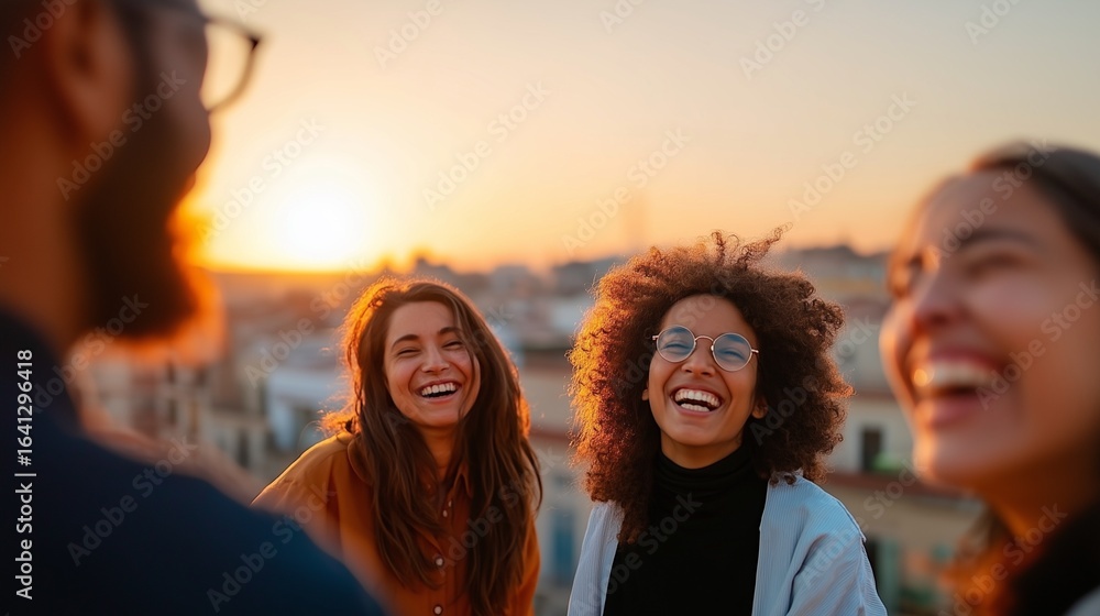 Fototapeta premium An aspirational urban lifestyle photo showing a group of friends enjoying a relaxed, happy gathering on a rooftop, celebrating friendship and togetherness.