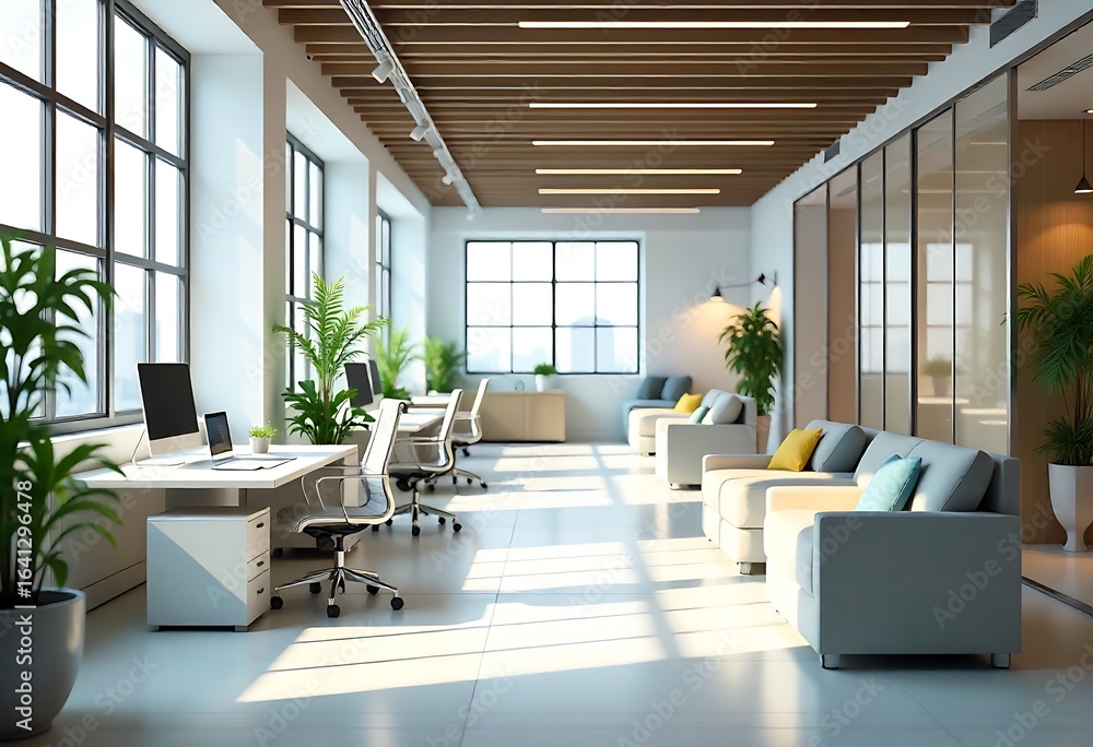 Fototapeta premium Generative AI: Modern Office Interior Design with Workstations, Sofas and Greenery, bright ambient