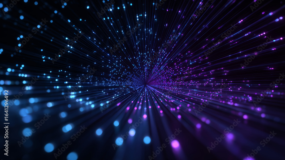 Naklejka premium Digital light particles glowing in blue and purple colors create dynamic futuristic tunnel effect with sense of depth and motion