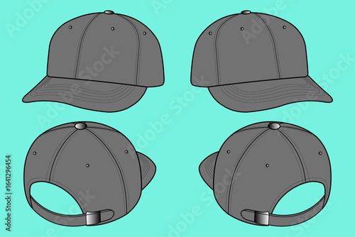 Unisex Sports Six Panel Cap Fashion Flat Sketch Template CAD Mockup Vector Illustrator Front Back and Side Views.