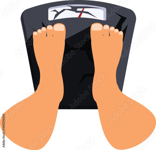 Bare feet standing on broken weighing scale, representing issues with overweight, obesity, and unhealthy lifestyle