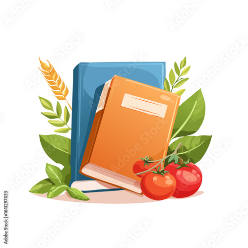 Books with tomatoes wheat and greenery design illustration art library learning read agriculture harvest vegetable