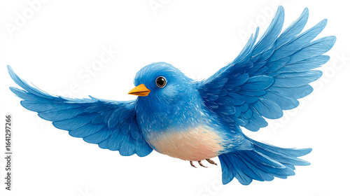 Cute blue bird cartoon character flying, a white background