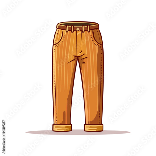 Cartoon corduroy pants with belt, front view, isolated on black. Garment in brown shades with detailed design for fashion illustration.