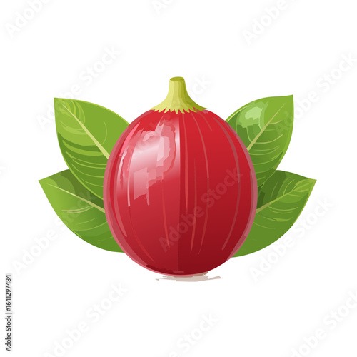 Red onion illustration with green leaves isolated on black background, fresh produce for healthy eating