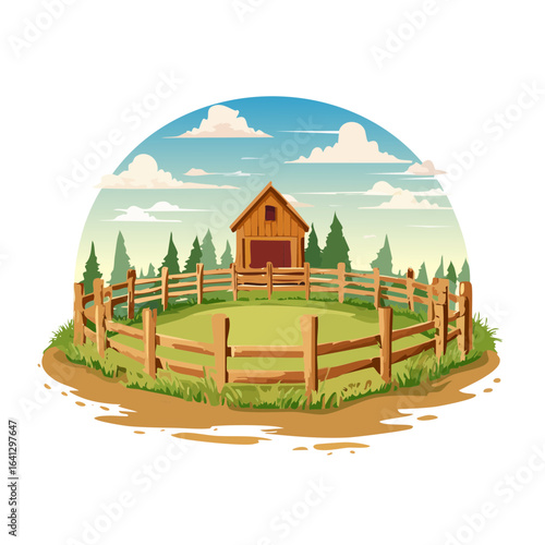 Rural Landscape with Wooden Barn Fence Trees and Cloudy Sky Farm Countryside Scene