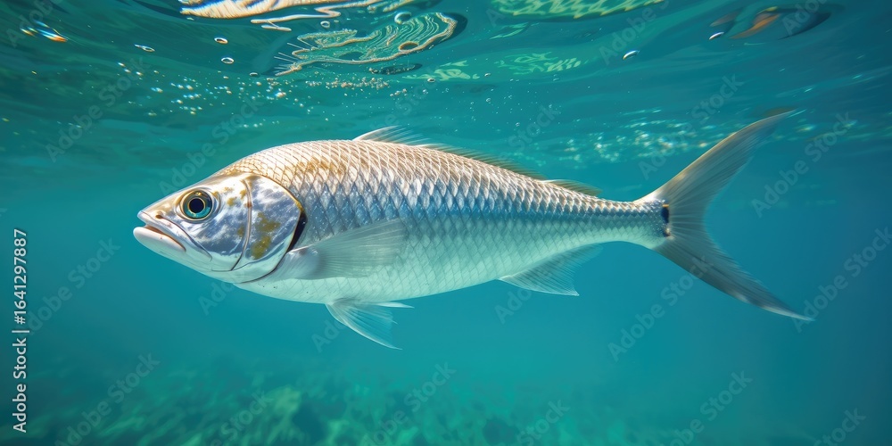 Subaquatic Silver Fish Gliding Through Clear Water