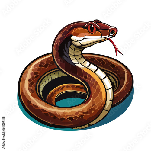 Cartoon snake coiled up with tongue out on black background, wildlife illustration