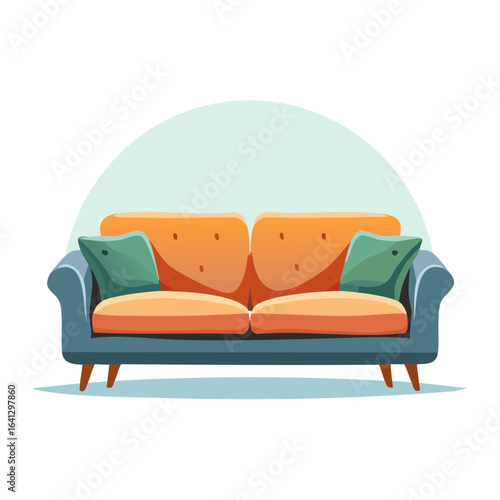 Stylish cartoon orange sofa with teal pillows interior decor cozy room furniture. Home comfort vector illustration.