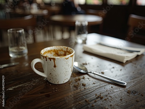 Abandoned Coffee Cup and Utensils on a Cafe Table