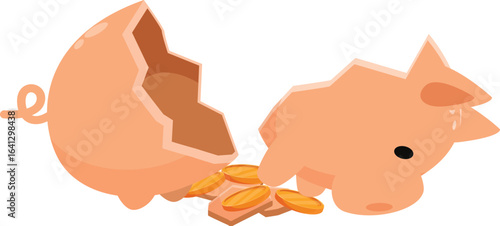 Piggy bank broken into two halves with coins falling out, representing economic crisis and savings loss