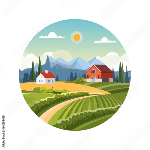 Stylized farm landscape illustration with rolling hills houses and mountains calm rural scene in vector circle with a farm field