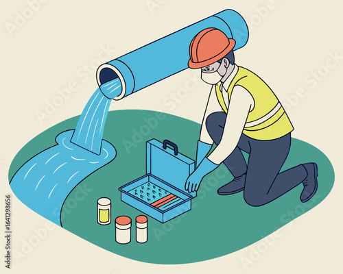 Environmental technician collecting industrial wastewater samples near drainage outlet for quality control in flat style illustration.