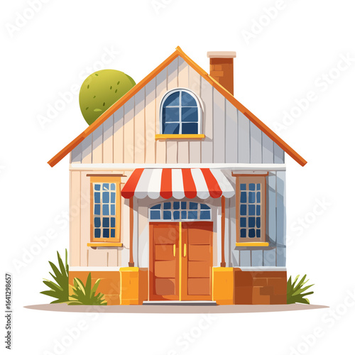 Cartoon style small house facade with striped awning and chimney architectural vector