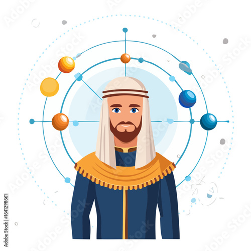 Arabian astrologer with planets in background astronomy science cartoon illustration