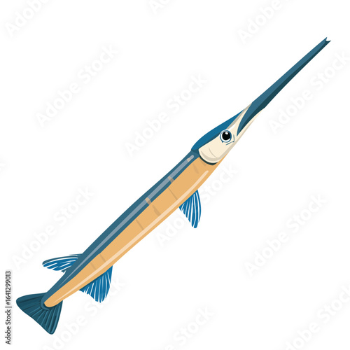 Cartoon garfish illustration isolated on black Vector aquatic animal with long snout and blue fins Simple ocean life drawing