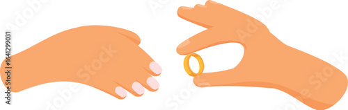 Isometric illustration representing a marriage proposal, with one hand offering a wedding ring to another