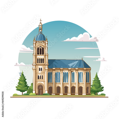 Illustration of a grand cathedral church building with blue dome spire against a cloudy sky in an illustration