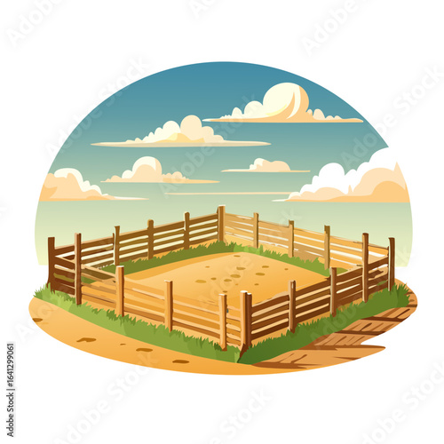 Cartoon vector illustration showcasing a wooden fence enclosing a sandy arena under a cloudy sky scenic outdoor landscape