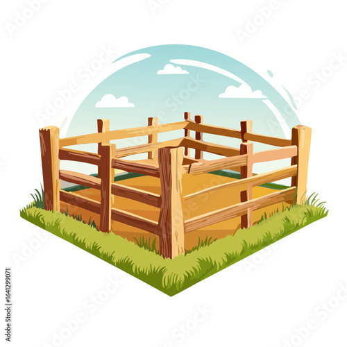 Cartoon farm corral fenced pen enclosure scene with wooden posts grass and sky elements illustration