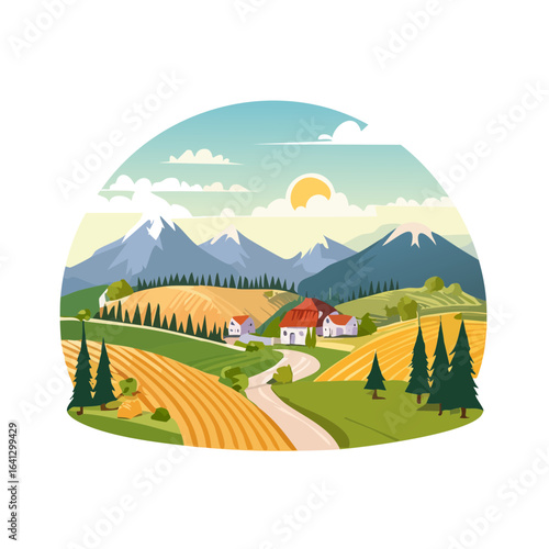 Idyllic countryside landscape illustration farmland with rolling hills and mountains against a sunny sky peaceful rural scene vector art