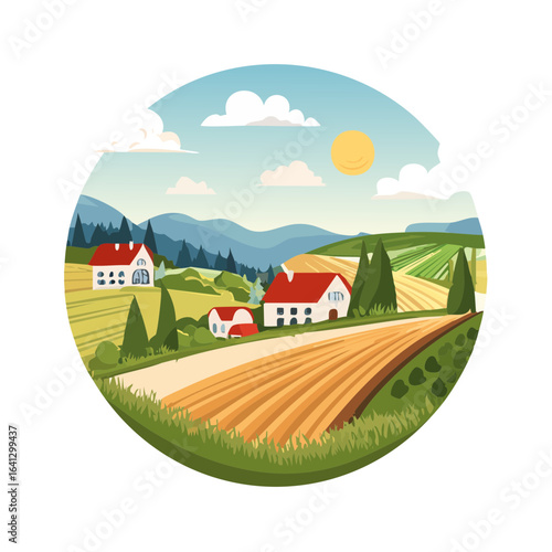 Rural countryside landscape illustration with farmhouses fields and hills scenic farm vista