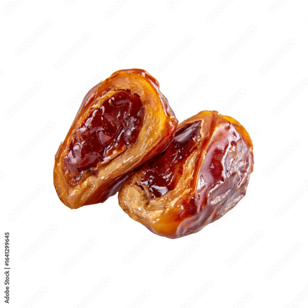 Fototapeta premium Close-up of Two Halved Medjool Dates, Rich and Sweet