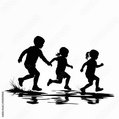 Children running through puddles form silhouette against white backdrop, depicting carefree moments. These children running through puddles evoke sense of fun and freedom,