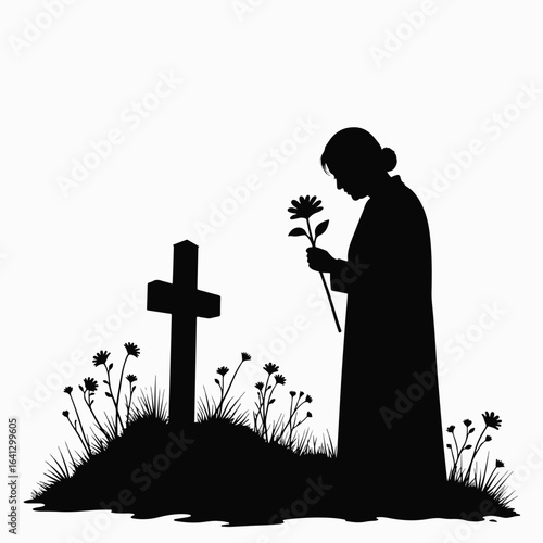 Elder placing flower at grave. Older woman in silhouette places flower at grave of loved one, expressing grief and remembrance. Elder placing flower at grave is symbolic of mourning and honoring past,