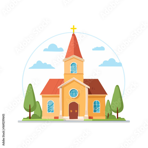 Cartoon Style Building with Steeple, Cross, and Clouds Illustration