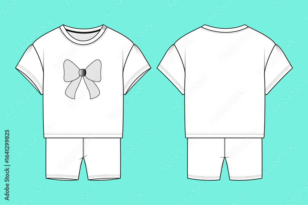 Naklejka premium Infant Toddler Baby Girls' Short Sleeve T-shirt with Pants Fashion Flat Sketch Vector Illustration Template Outline.