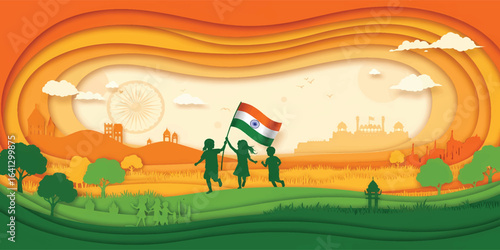 Children celebrating with the Indian flag run through a stylized paper-cut landscape of India with famous landmarks.
