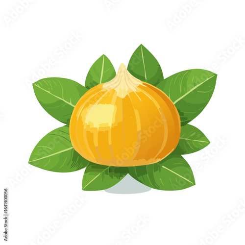 Vibrant yellow onion surrounded by fresh green leaves, set against a black background