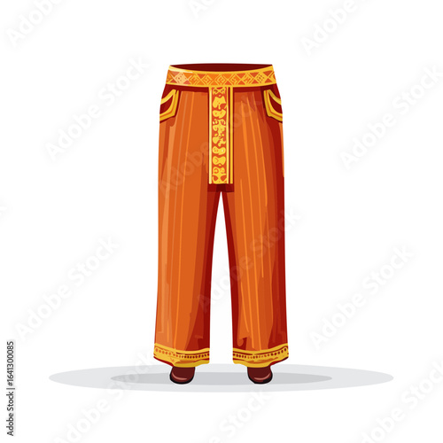 Cartoon orange pants with golden ethnic trim and shoes, traditional Asian clothing