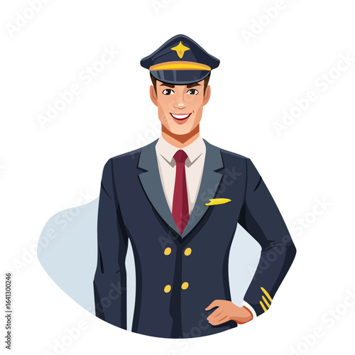 Smiling Airline Pilot in Uniform Poses Confidently Aviation Professionalism Portrait Transportation Services Cartoon Illustration