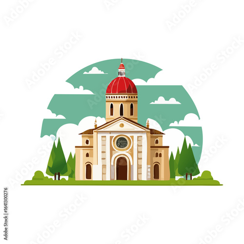 European church with red dome facade and trees against a sky background